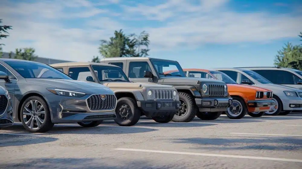 Fila de varios coches distintos en un párking